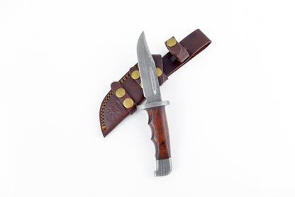 Damascus hunting knife, full tang, Damascus blade and wood handle in brown leather sheath on Tampa Home & Garden Store