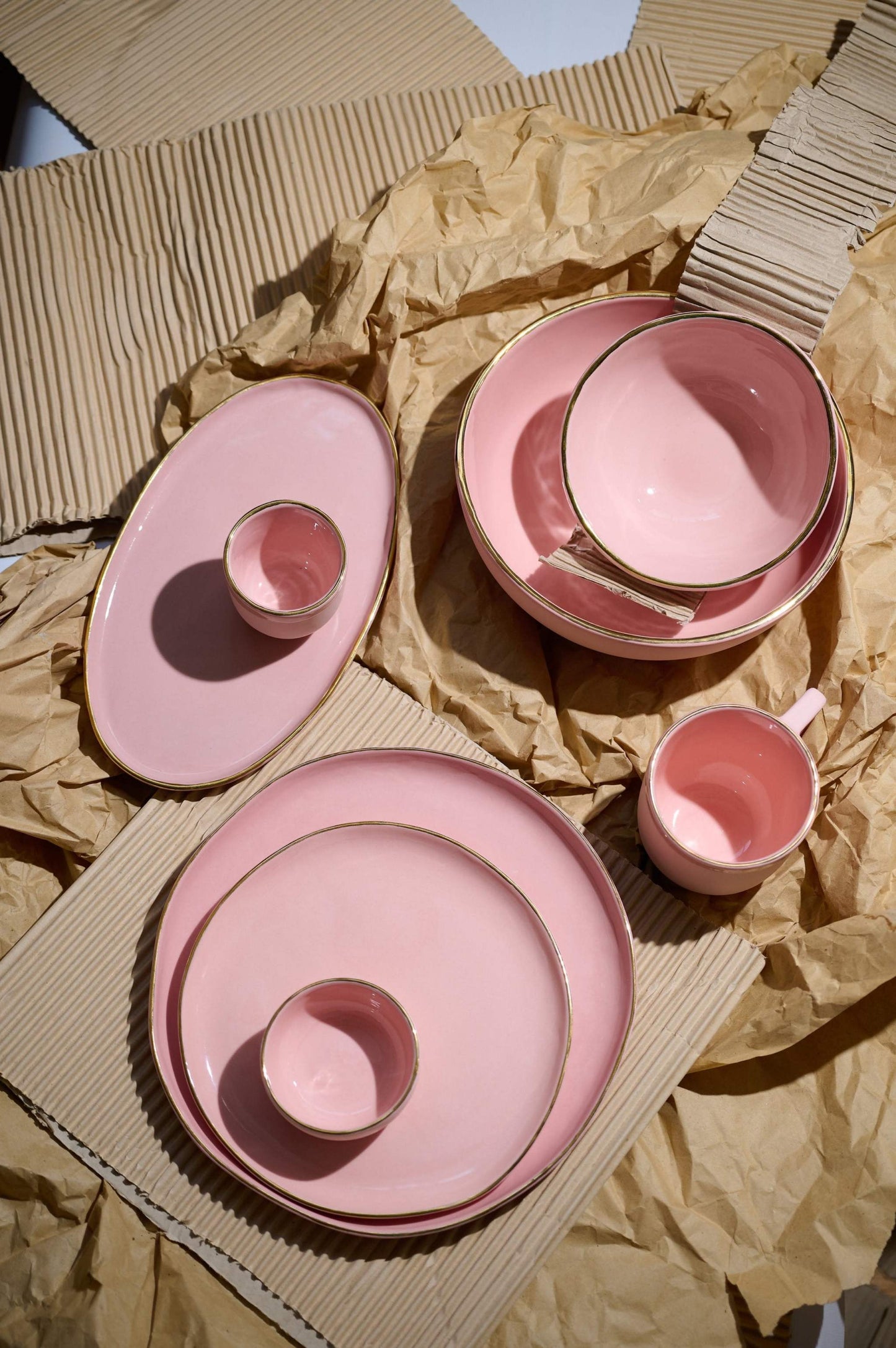 Handmade Oval Porcelain Platter and Gold Rim Pink