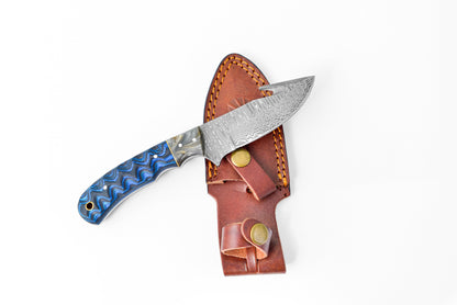 Damascus gut-hook skinning knife TK-112 with blue handle and leather sheath Titan International K on Tampa Home & Garden Store