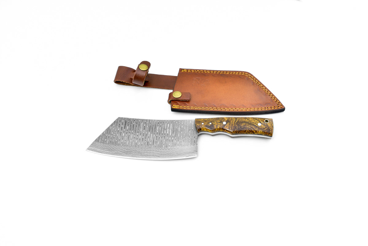 Brown Resin TK-207 knife with damascus blade and brown resin handle leather sheath on Tampa Home & Garden Store