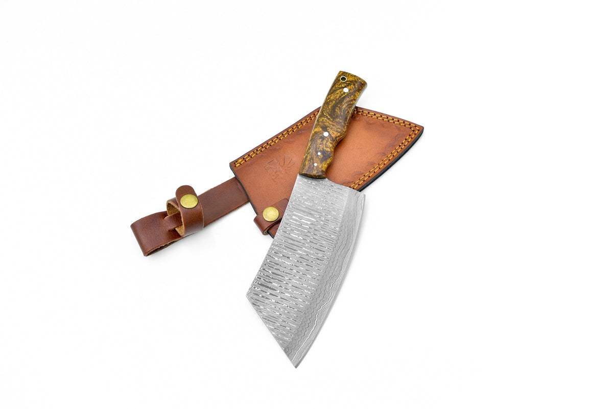 Brown Resin TK-207 knife with brown resin handle and textured blade Titan leather sheath on Tampa Home & Garden Store
