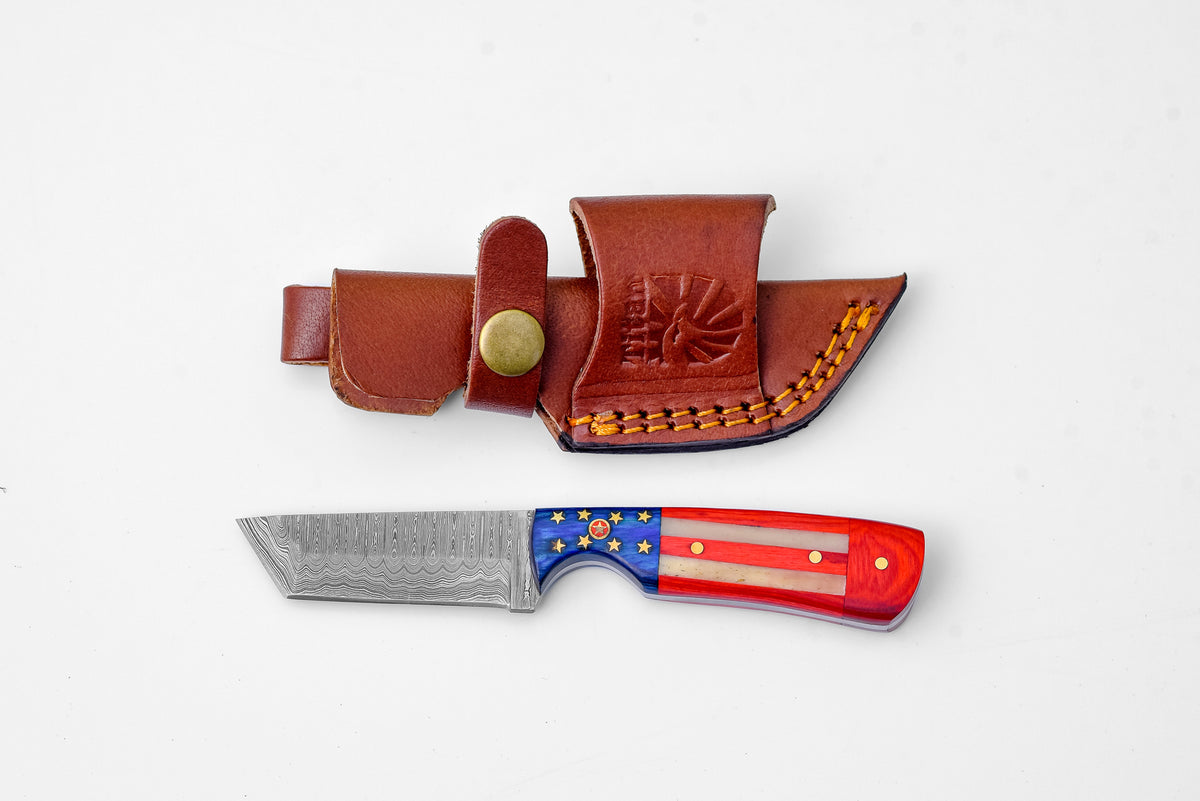 Damascus steel knife Titan United Star TK-210 with leather sheath and flag-pattern handle on Tampa Home & Garden Store