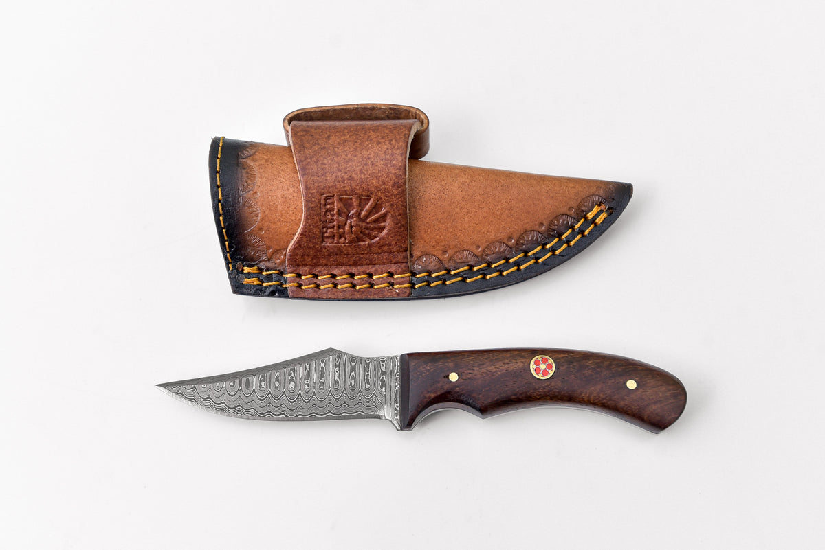 Damascus skinner knife with rosewood grip by Titan Td-177, brown leather sheath on Tampa Home & Garden Store