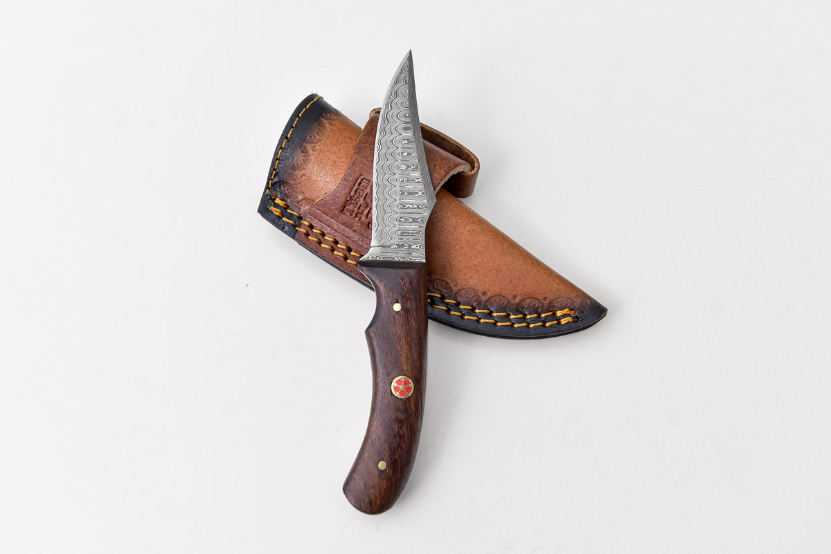 Damascus steel skinner knife with rosewood grip by Titan Td-177 in leather sheath on Tampa Home & Garden Store