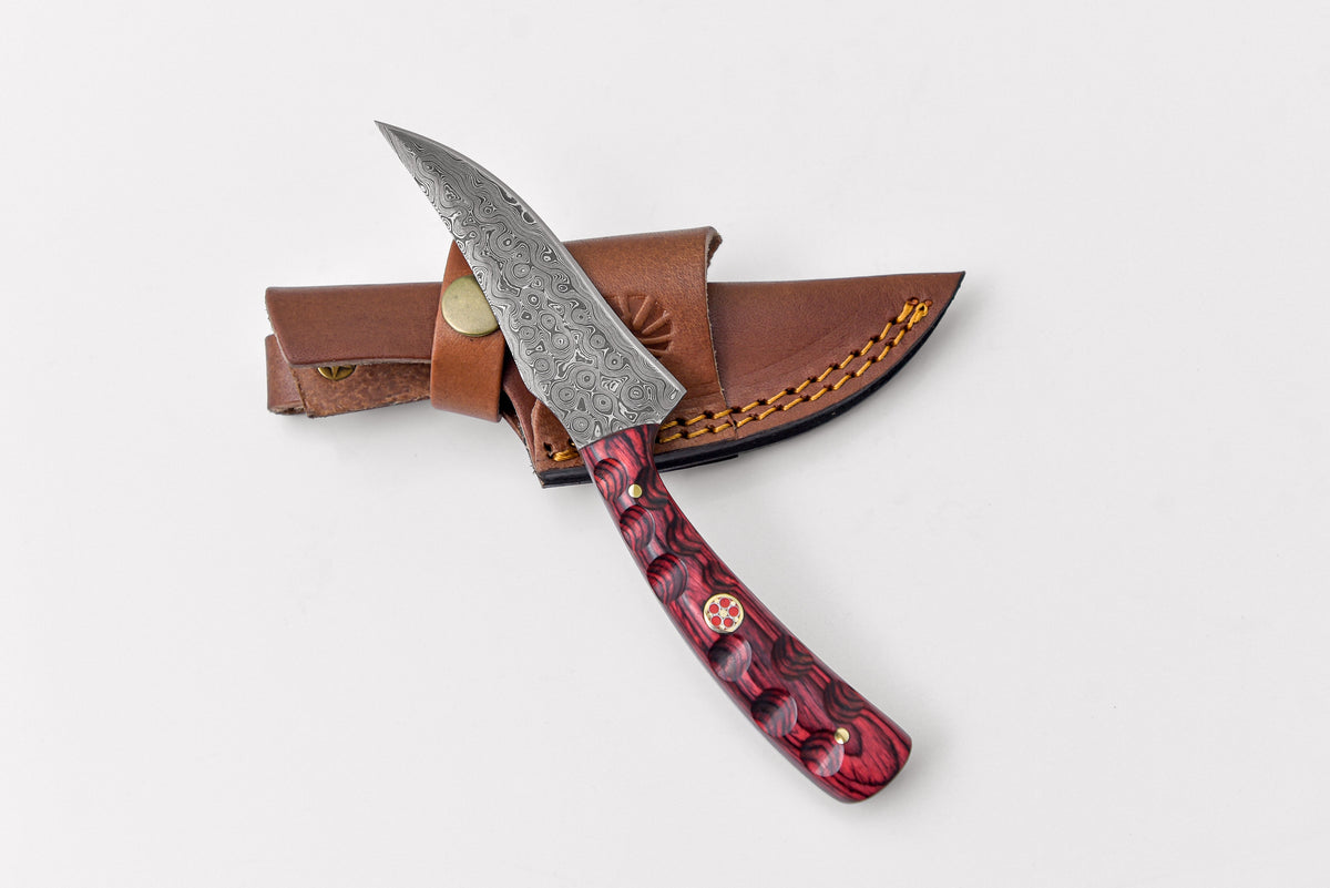 Arrival TD-703 hunting knife with Damascus blade and red marbled handle on Tampa Home & Garden Store