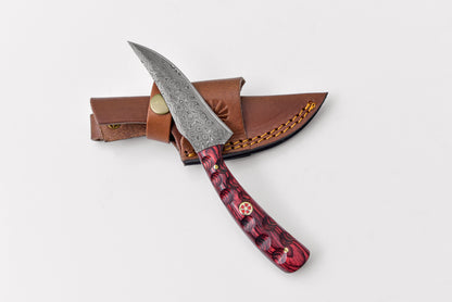 Arrival TD-703 hunting knife with Damascus blade and red marbled handle on Tampa Home & Garden Store