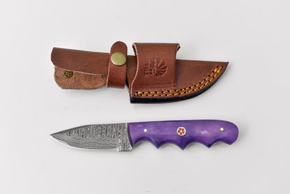 Everday Carry Damascus Drop Point blade Purple Sting TD-229 in tan leather sheath with Titan tag on Tampa Home & Garden Store