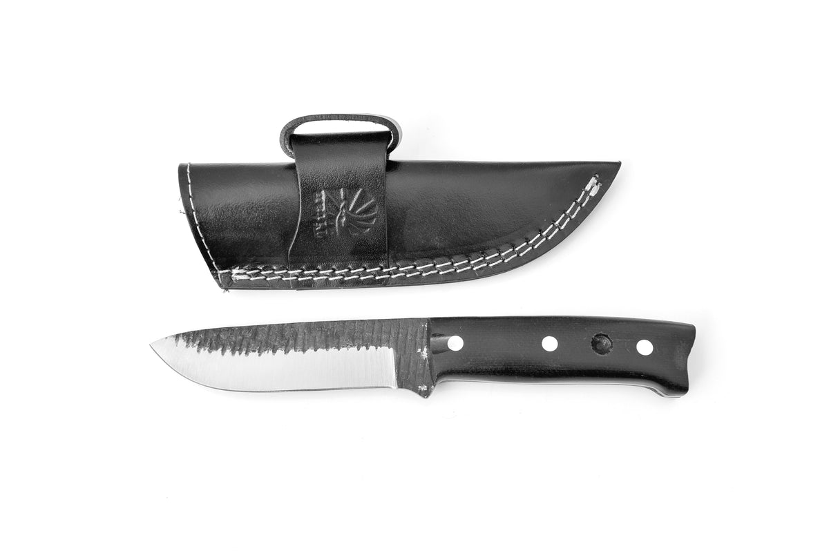 Arrival TC-313 carbon steel camping knife with black handle and serrated blade in leather sheath on Tampa Home & Garden Store