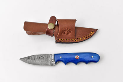 4'' Damascus drop point knife with blue dyed bone handle in leather sheath Titan TD-111 on Tampa Home & Garden Store