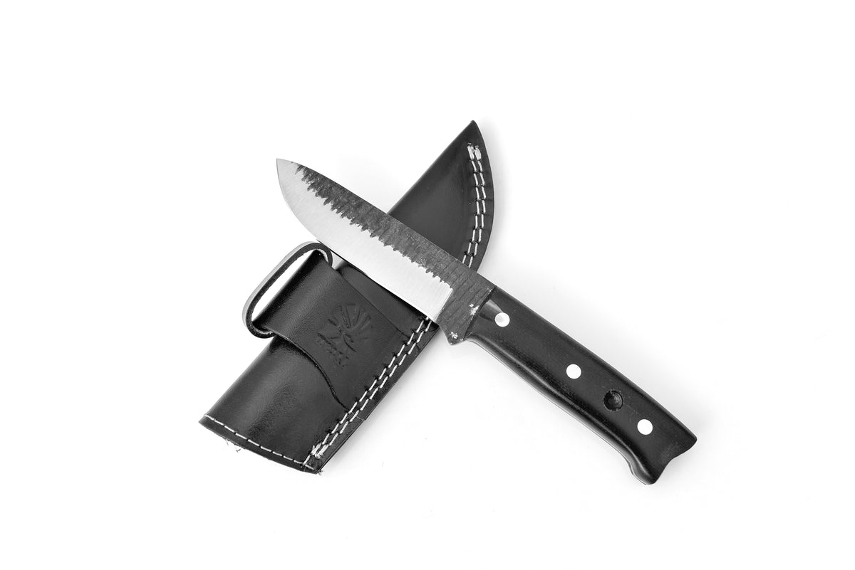 Arrival TC-313 carbon steel knife with serrated blade and black handle in leather sheath Titan K on Tampa Home & Garden Store
