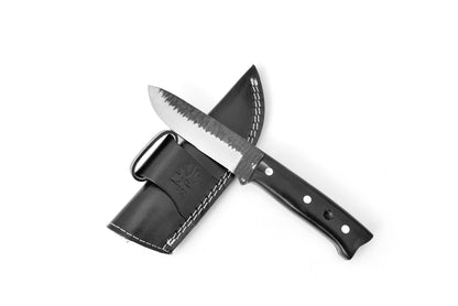 Arrival TC-313 carbon steel knife with serrated blade and black handle in leather sheath Titan K on Tampa Home & Garden Store