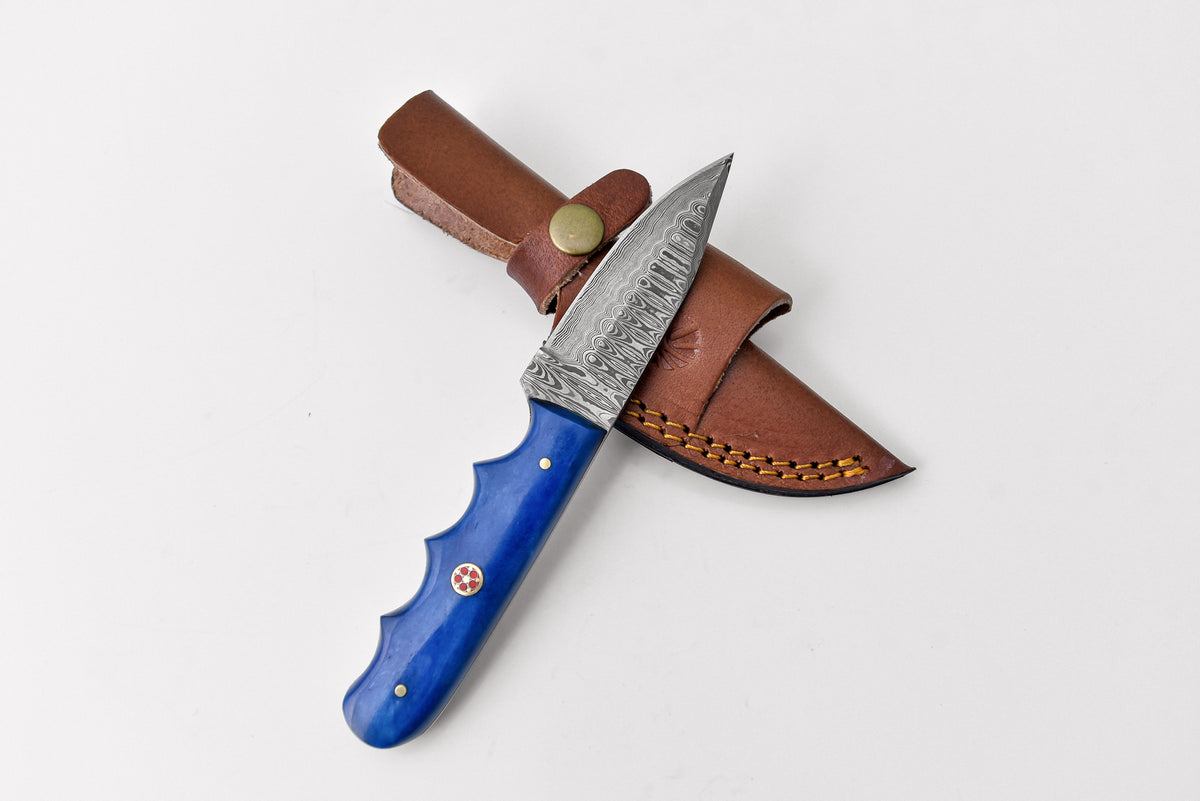 4in Damascus drop-point knife with dyed bone handle and blue grip, brown leather sheath on Tampa Home & Garden Store