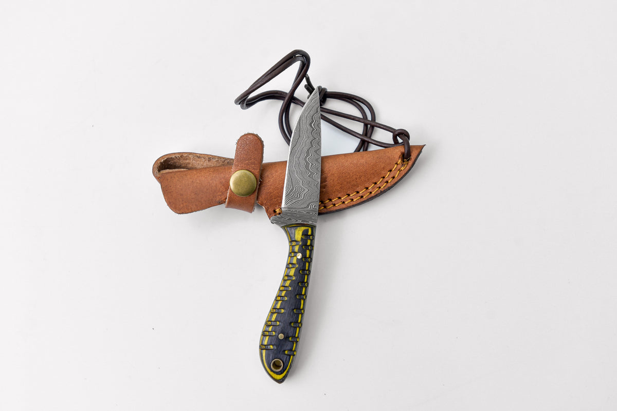 Damascus neck knife TD-208 by Titan, wave blade, yellow-black handle, leather sheath on Tampa Home & Garden Store