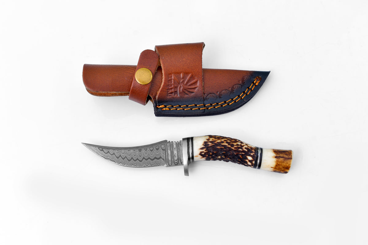 Deer Horn Trailblazer Damascus knife by Titan TK-115 with antler handle in brown leather sheath on Tampa Home & Garden Store