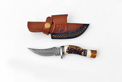 Deer Horn Trailblazer Damascus knife by Titan TK-115 with antler handle in brown leather sheath on Tampa Home & Garden Store