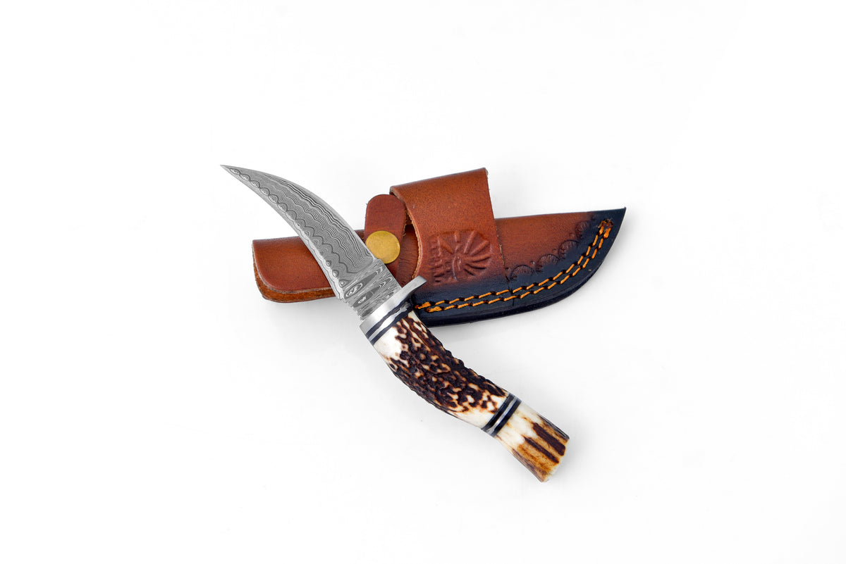 Titan TK-115 Deer Horn Trailblazer Damascus knife with deer-horn handle and leather sheath on Tampa Home & Garden Store