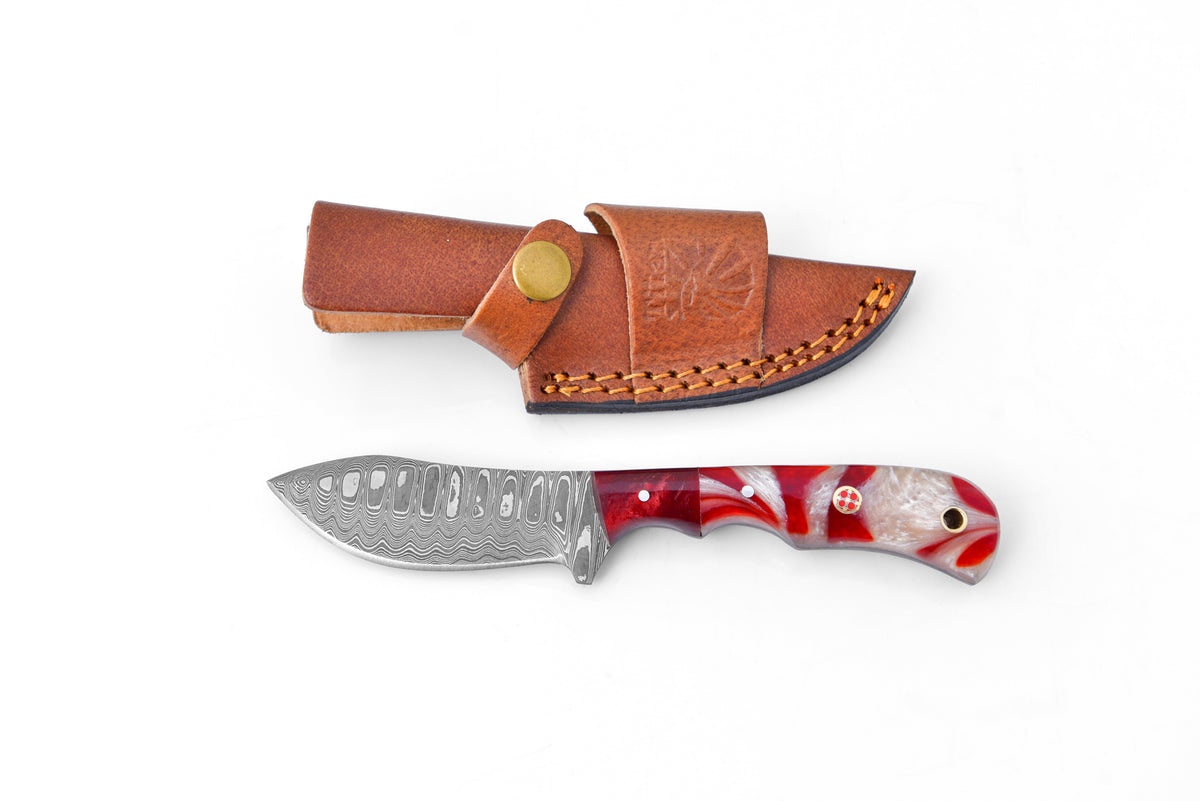 Rose Fusion Damascus Utility Knife TK-096 by Titan International K with brown leather sheath on Tampa Home & Garden Store