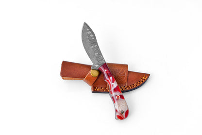 Rose Fusion Damascus Utility Knife TK-096 with marbled handle and Damascus blade leather sheath on Tampa Home & Garden Store