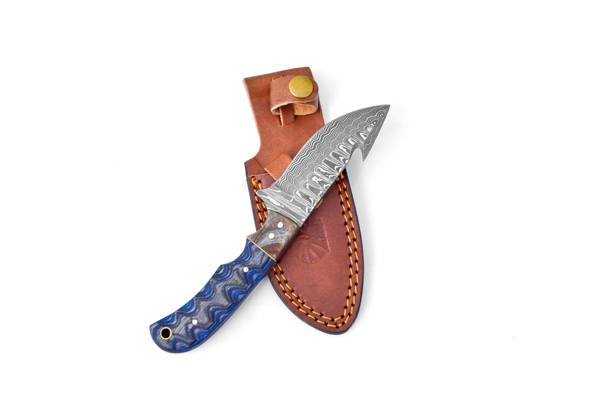 Damascus Steel Gut-hook TK-112 knife Titan Intl K blue handle brown leather sheath on Tampa Home & Garden Store