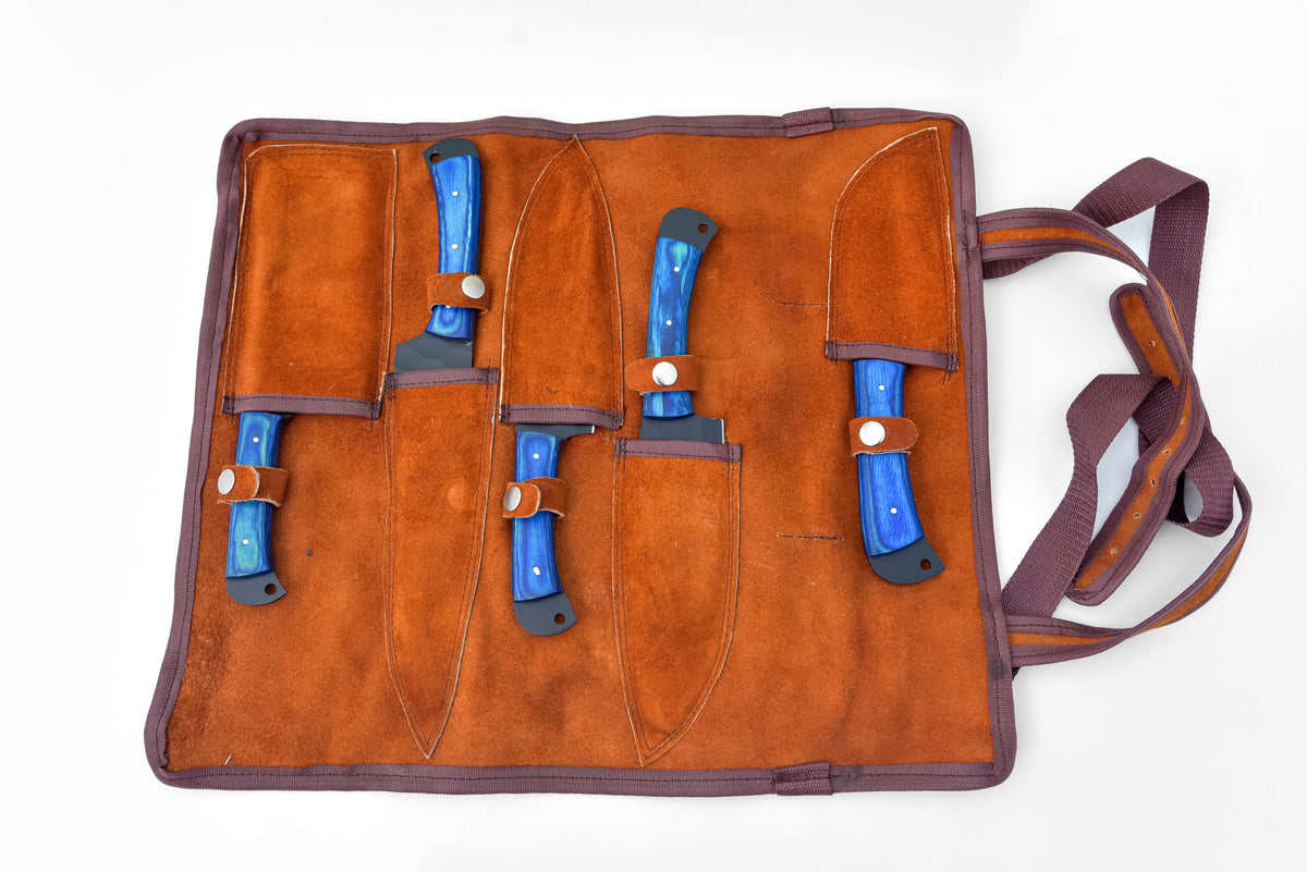 5-piece Damascus steel knife set with blue handles in a brown leather roll bag on Tampa Home & Garden Store