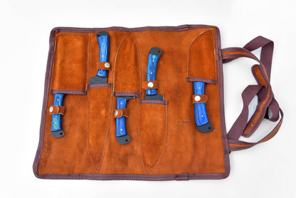 5-piece Damascus steel knife set with blue handles in a brown leather roll bag on Tampa Home & Garden Store