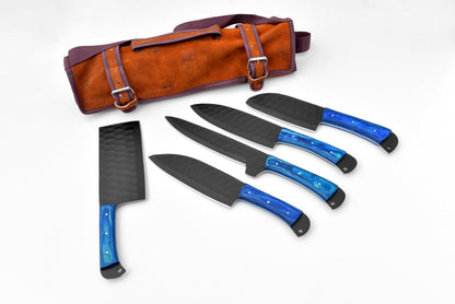 5-piece Damascus knives set with blue handles and leather roll bag by Titan International K on Tampa Home & Garden Store