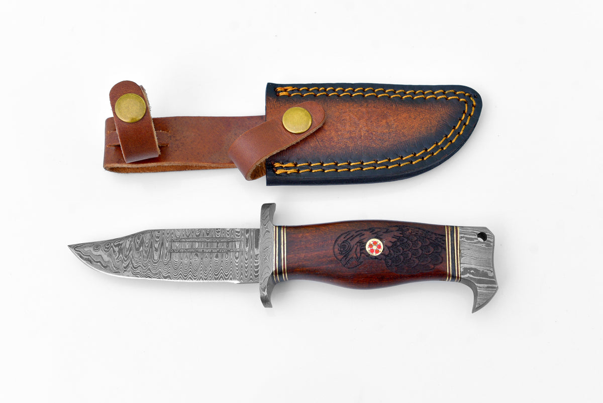 Eagle's Valor Damascus knife TK-116 by Titan with wood handle, leather sheath on Tampa Home & Garden Store