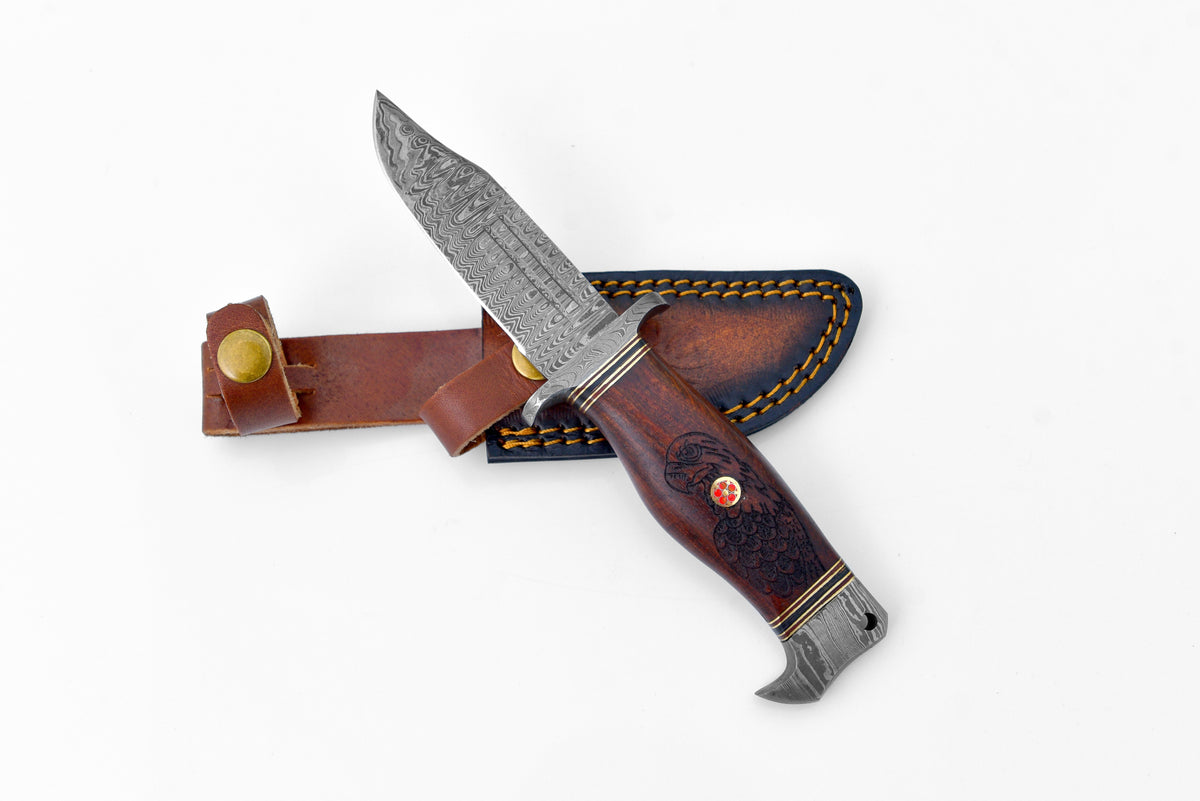 Eagle's Valor Damascus hunting knife by Titan TK-116; damascus blade, brown wood handle on Tampa Home & Garden Store