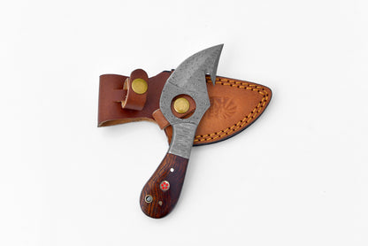 Damascus skinner knife with gut hook, forged by Titan TD-201X, wood handle, leather sheath on Tampa Home & Garden Store