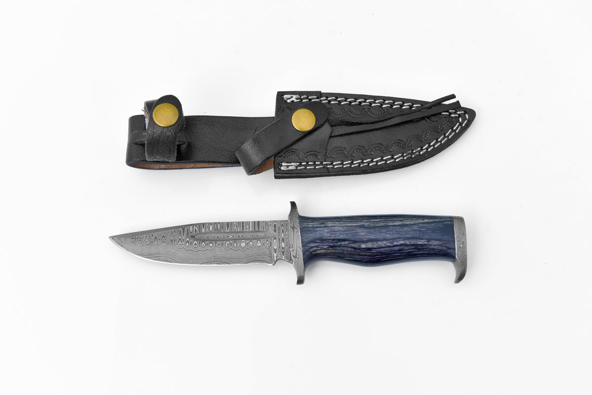 Titan Obsidian Edge EDC Knife TK-121 with Damascus blade and blue wood handle in sheath on Tampa Home & Garden Store
