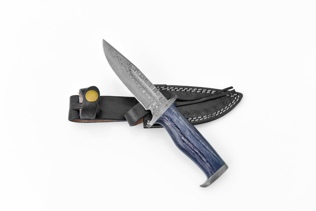 Titan Obsidian Edge TK-121 damascus blade with blue handle and black leather sheath on Tampa Home & Garden Store
