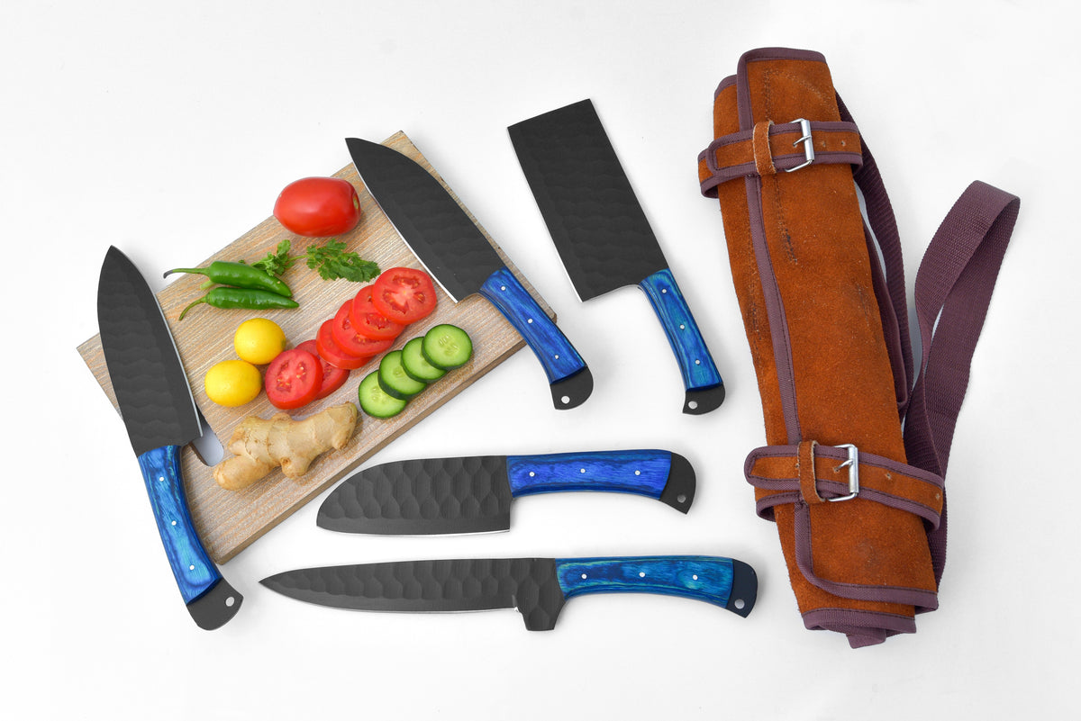 5-Piece Damascus knife set with blue handles and leather carry bag by Titan International K on Tampa Home & Garden Store