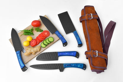 5-Piece Damascus knife set with blue handles and leather carry bag by Titan International K on Tampa Home & Garden Store