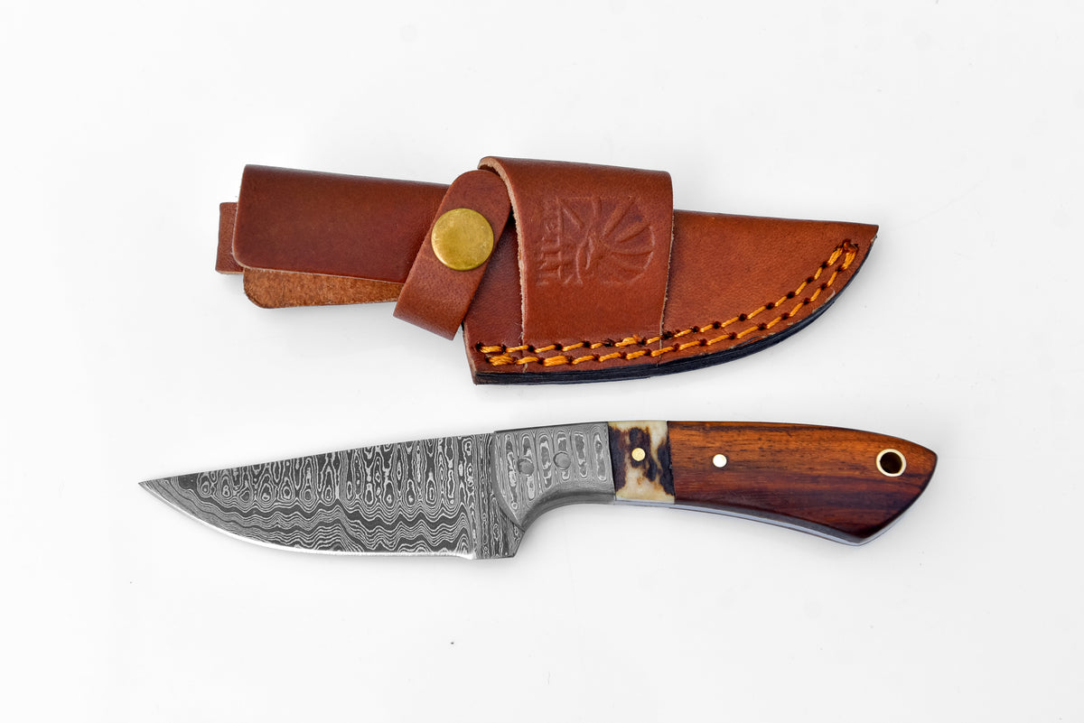 Damascus Timberline stag horn EDC knife with brown leather sheath by Titan TK-119 on Tampa Home & Garden Store