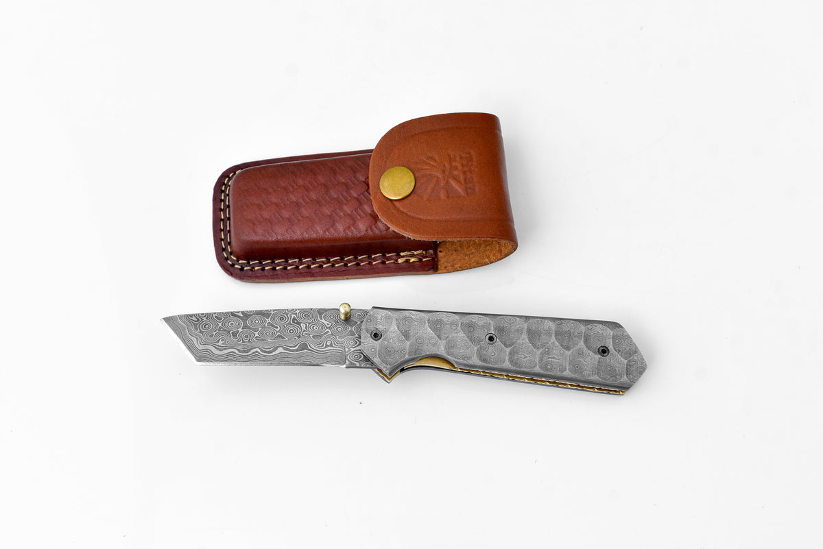 Full Damascus Tanto Folding Knife TF-054 with damascus blade and gray handle; leather sheath on Tampa Home & Garden Store