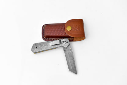 Damascus steel tanto folding knife TF-054 by Titan Intl K with blade and brown leather sheath on Tampa Home & Garden Store