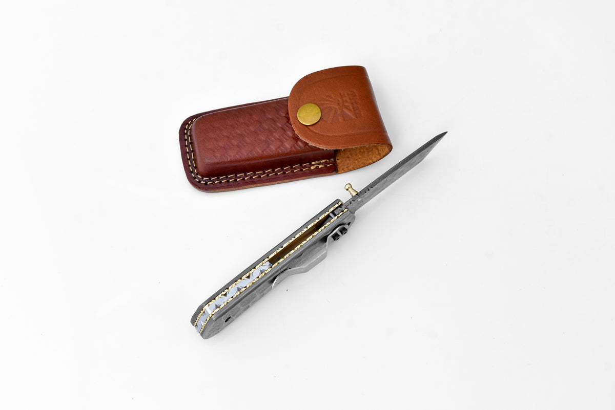 Full Damascus steel Tanto folding knife TF-054 by Titan International K with leather sheath on Tampa Home & Garden Store