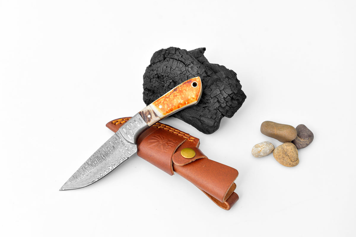 Titan Scorched Timber Damascus EDC Knife orange resin handle damascus blade on Tampa Home & Garden Store
