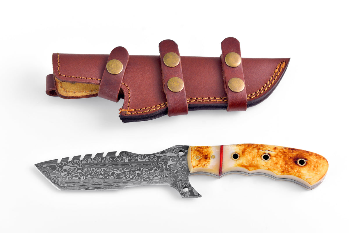 Flamed Vanguard Damascus Tracker TK-109 knife with horn handle and brown leather sheath on Tampa Home & Garden Store