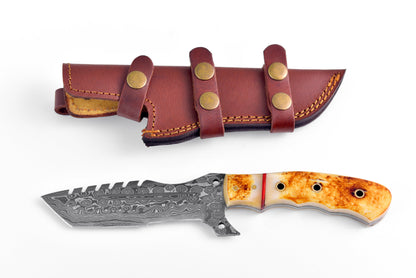 Flamed Vanguard Damascus Tracker TK-109 knife with horn handle and brown leather sheath on Tampa Home & Garden Store