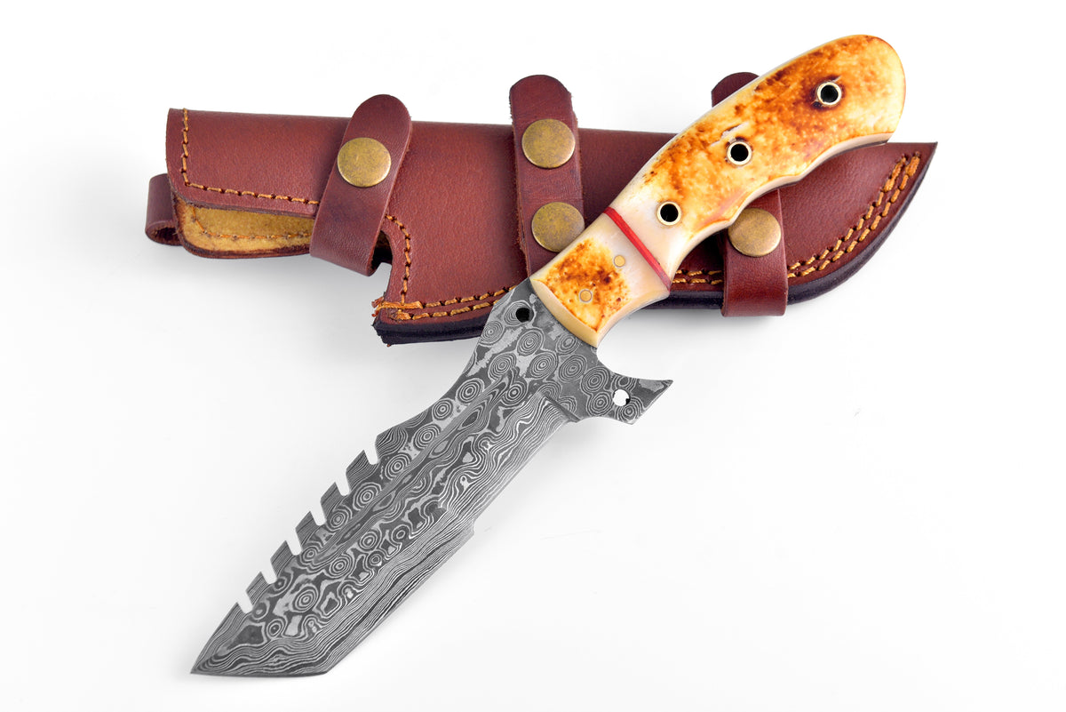 Flamed Vanguard Damascus Tracker TK-109 knife, amber handle, leather sheath Titan Intl K on Tampa Home & Garden Store