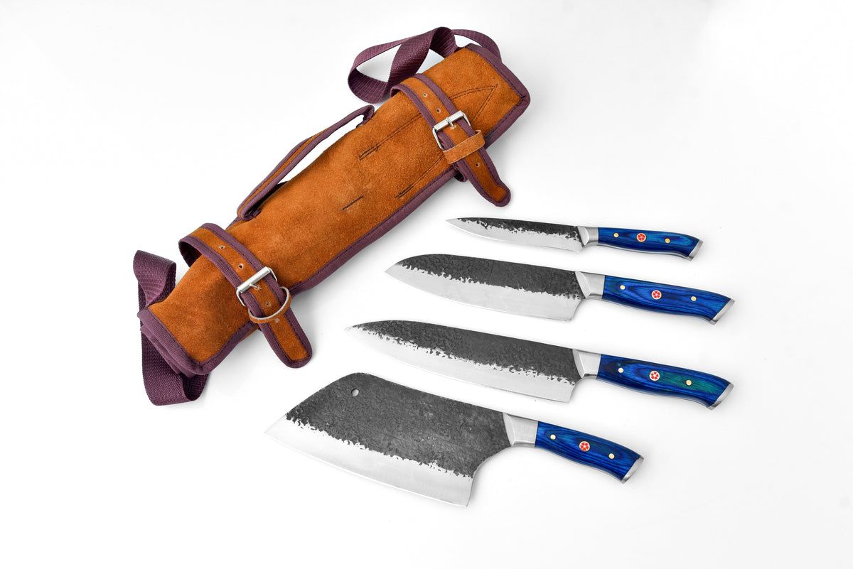 Titan Forge Culinary Mastery Set utility knives with blue handles in a brown leather roll on Tampa Home & Garden Store