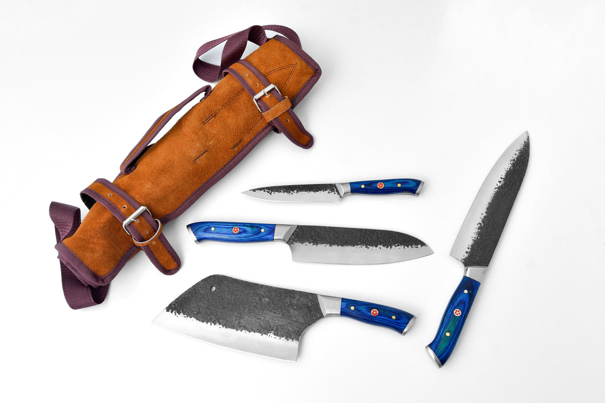 Titan Forge Culinary Mastery Set utility knives with blue handles in brown leather roll sheath on Tampa Home & Garden Store
