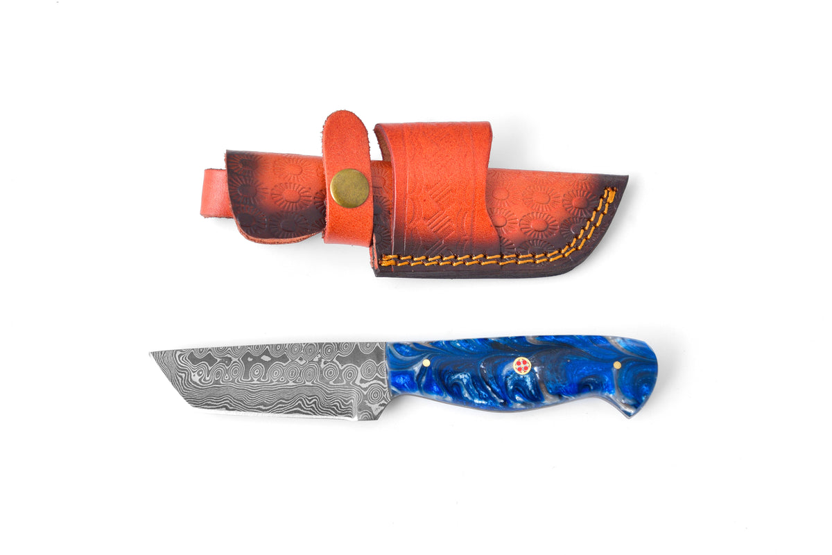Damascus Utility Tanto blade TK-081 by Titan with orange leather sheath on Tampa Home & Garden Store