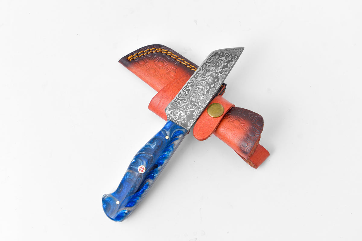 Titan TK-081 Damascus Utility Tanto blade with blue marbled handle and red embossed sheath on Tampa Home & Garden Store