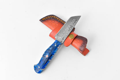 Titan TK-081 Damascus Utility Tanto blade with blue marbled handle and red embossed sheath on Tampa Home & Garden Store
