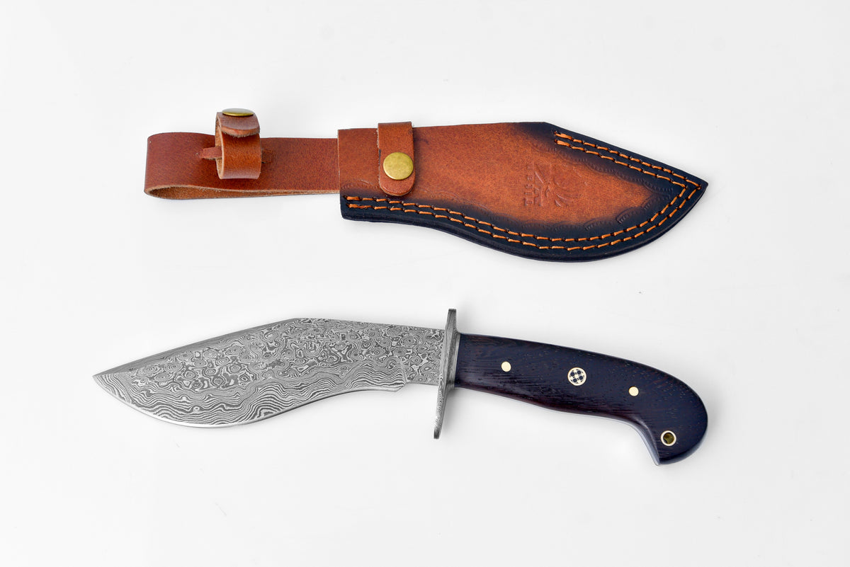 Damascus fixed-blade knife with Obsidian Wenga wood handle TK-126 Titan K leather sheath on Tampa Home & Garden Store