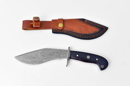 Damascus fixed-blade knife with Obsidian Wenga wood handle TK-126 Titan K leather sheath on Tampa Home & Garden Store