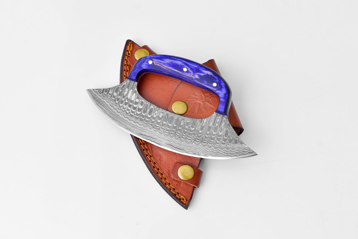 Damascus steel ulu knife Elongar with blue marbled handle and brown leather sheath on Tampa Home & Garden Store