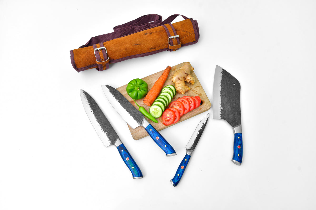Titan Forge Culinary Mastery Set utility knives with blue handles and leather roll on Tampa Home & Garden Store